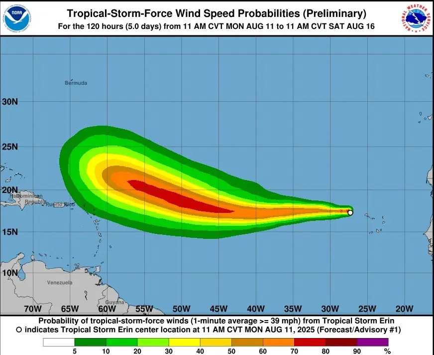 Tormenta tropical Erin se fortalece al oeste de las Islas de Cabo Verde