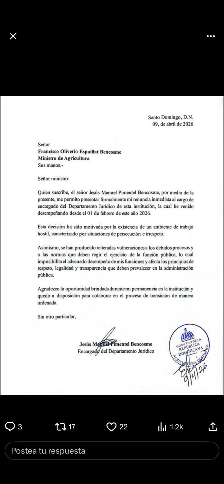 ¡Otro más! Renuncia encargado jurídico del Ministerio de Agricultura por alegado