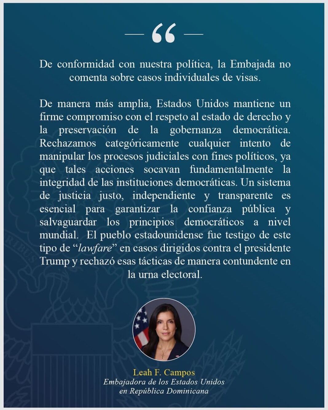 Embajada de EEUU rechaza cualquier intento de manipulación de procesos judiciales con fines políticos