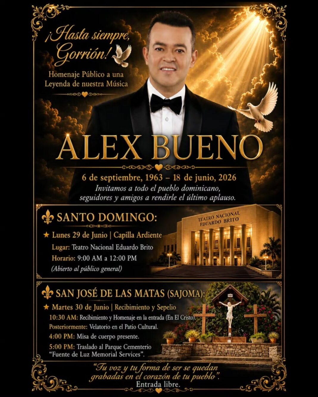 Anuncian actos de homenaje y sepelio para despedir al cantante Alex Bueno