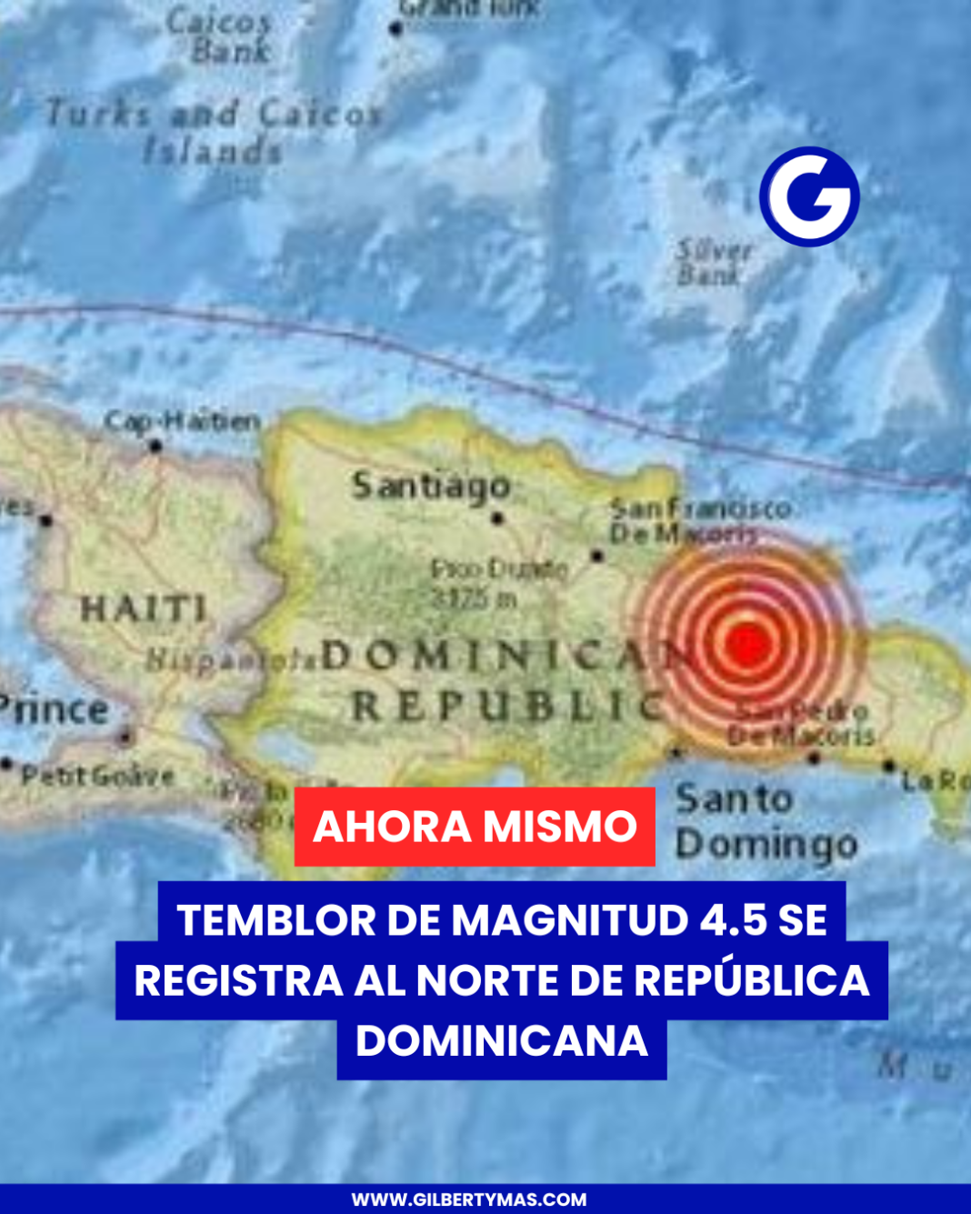 Temblor de magnitud 4.5 se registra al norte de República Dominicana